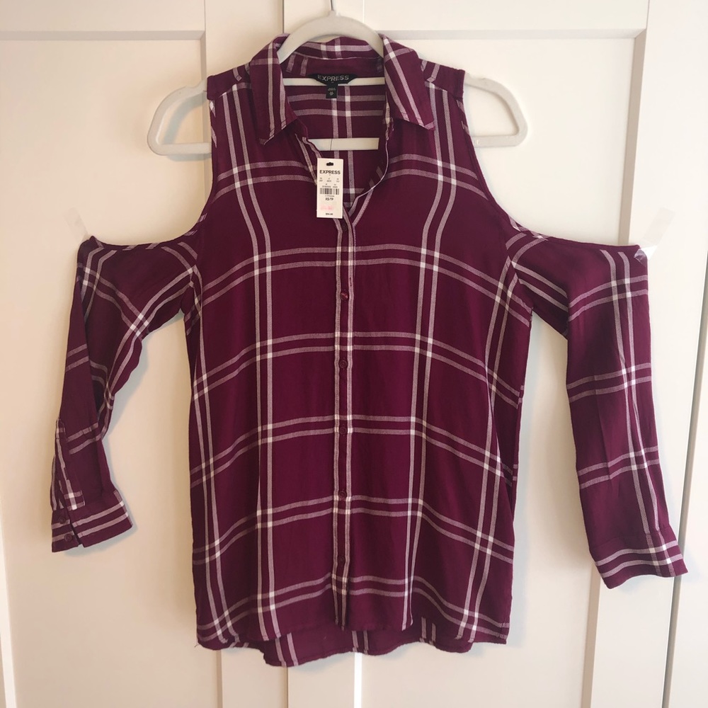 Purple Plaid Cold Shoulder Boyfriend Shirt - XS/TP
